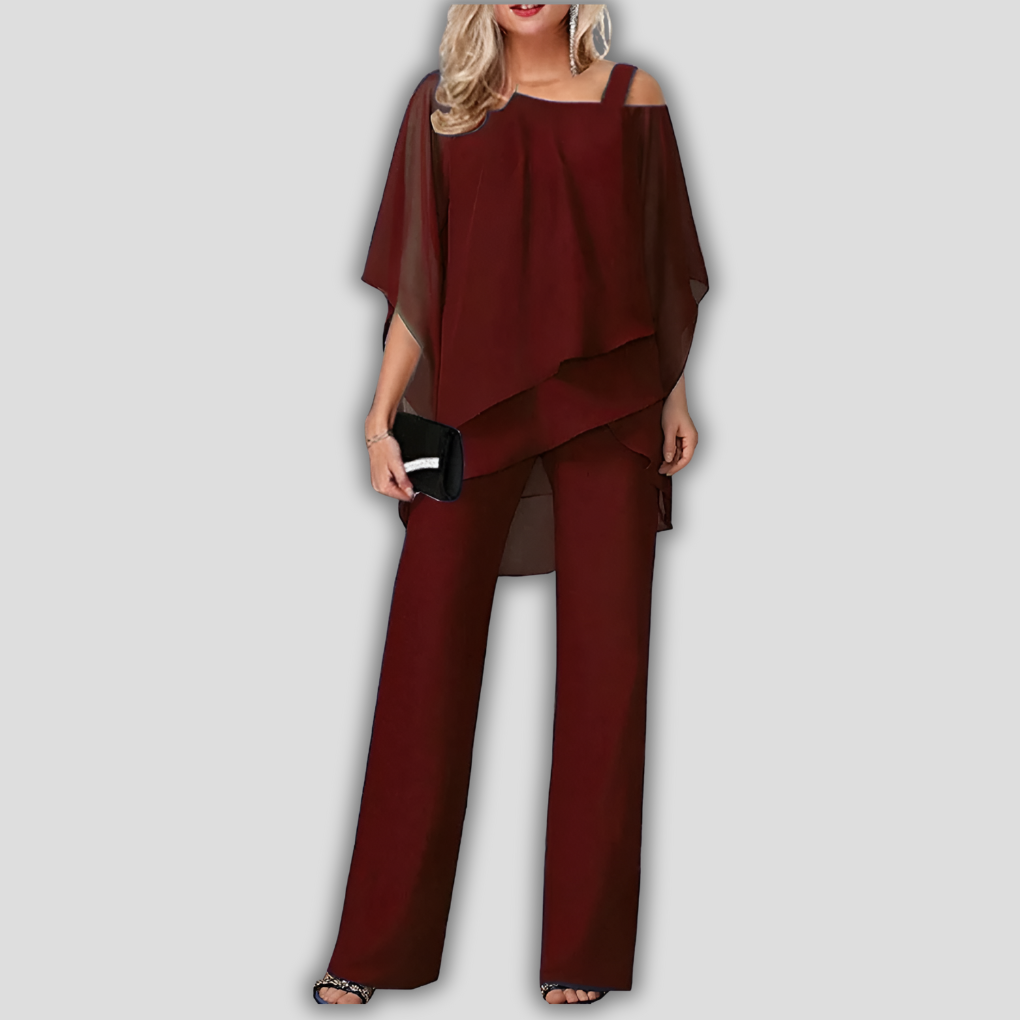 2-Piece Pantsuit with Layered Cape Top
