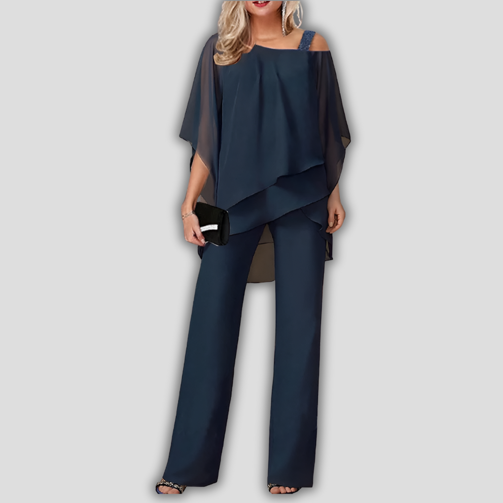 2-Piece Pantsuit with Layered Cape Top