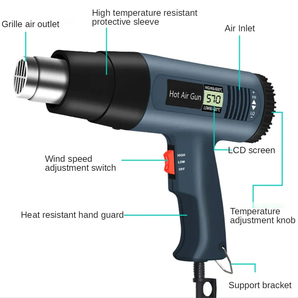 2000W Industrial Electric Heat Gun with Digital LCD Display and Adjustable Temperature