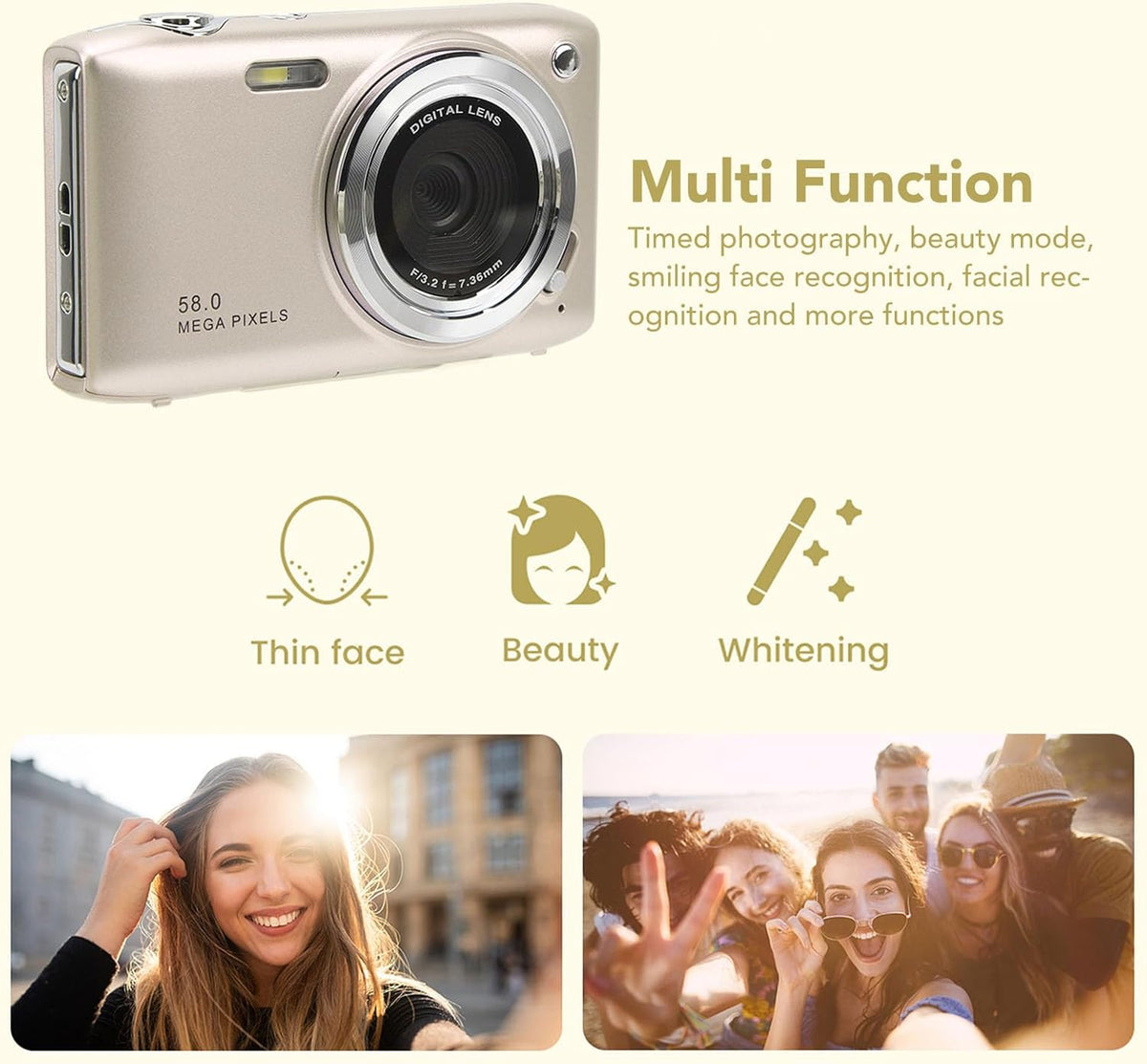 4K Compact Digital Camera with 58MP Photos and 16X Zoom