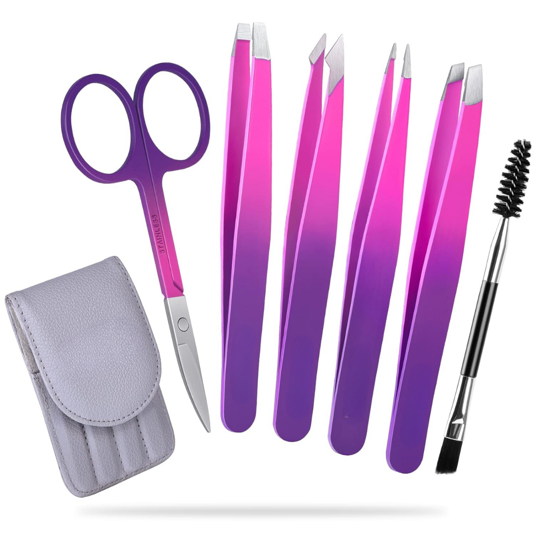 6-Piece Precision Eyebrow Tweezer Set with Travel Case