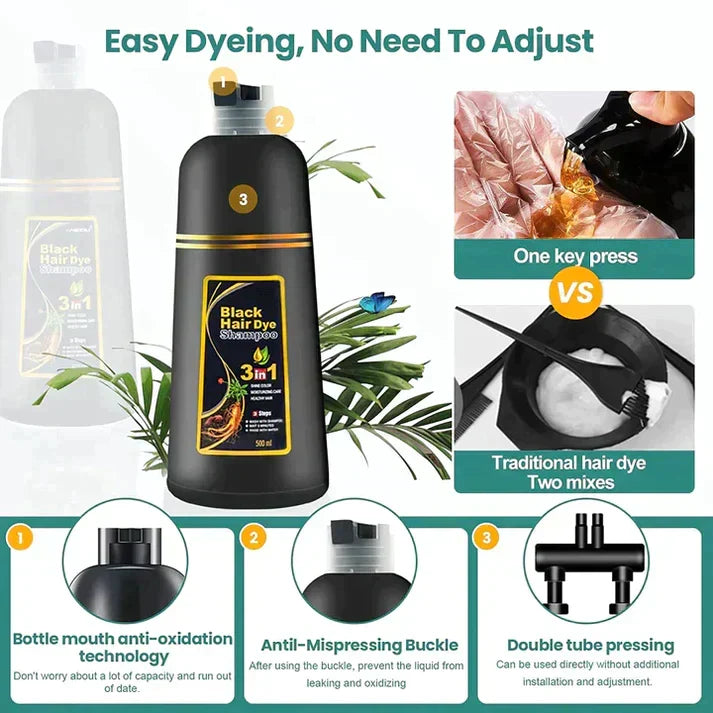 Black Hair Dye Shampoo | 3-in-1 Ayurvedic Formula: Color, Nourish & Cleanse | Natural Gray Hair Coverage in 5 Minutes | Ammonia-Free & Gentle
