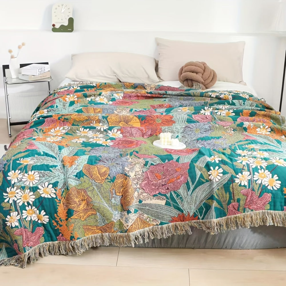 Bohemian Floral Patchwork Cotton Blanket with Tassels