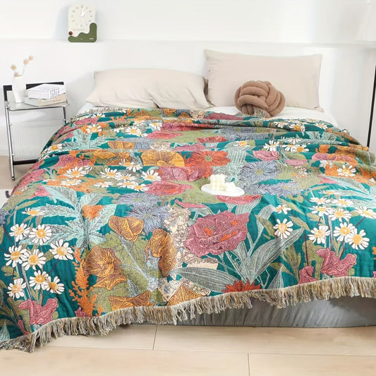 Bohemian Floral Patchwork Cotton Blanket with Tassels