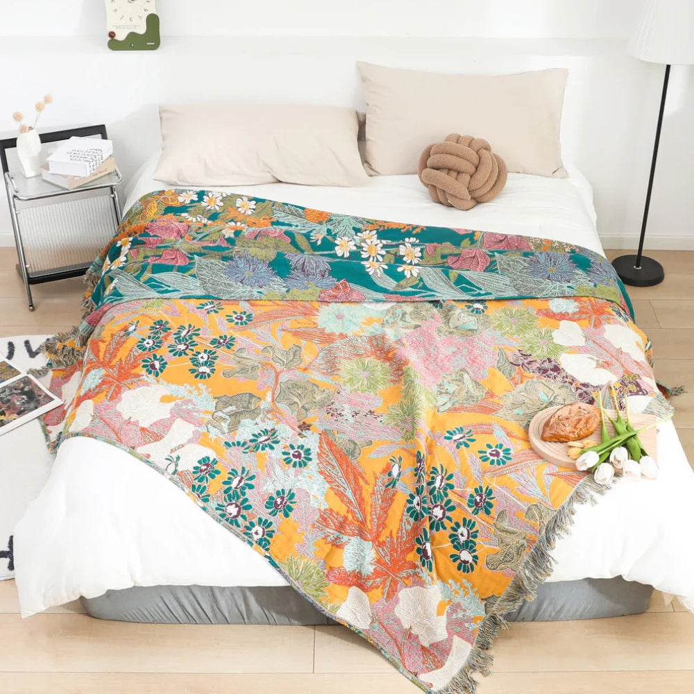 Bohemian Floral Patchwork Cotton Blanket with Tassels