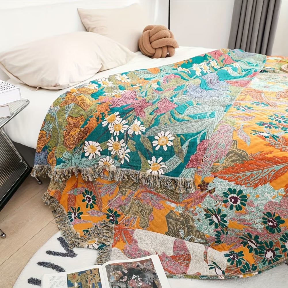 Bohemian Floral Patchwork Cotton Blanket with Tassels