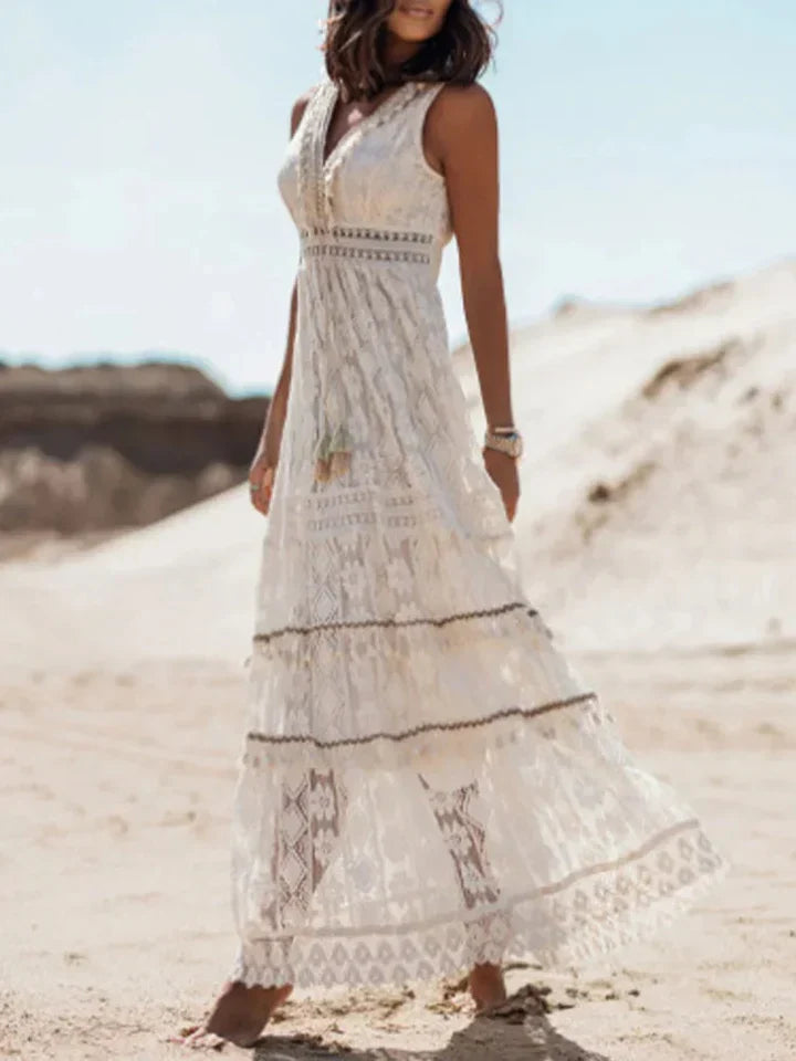 Bohemian Maxi Dress with Flared Sleeves