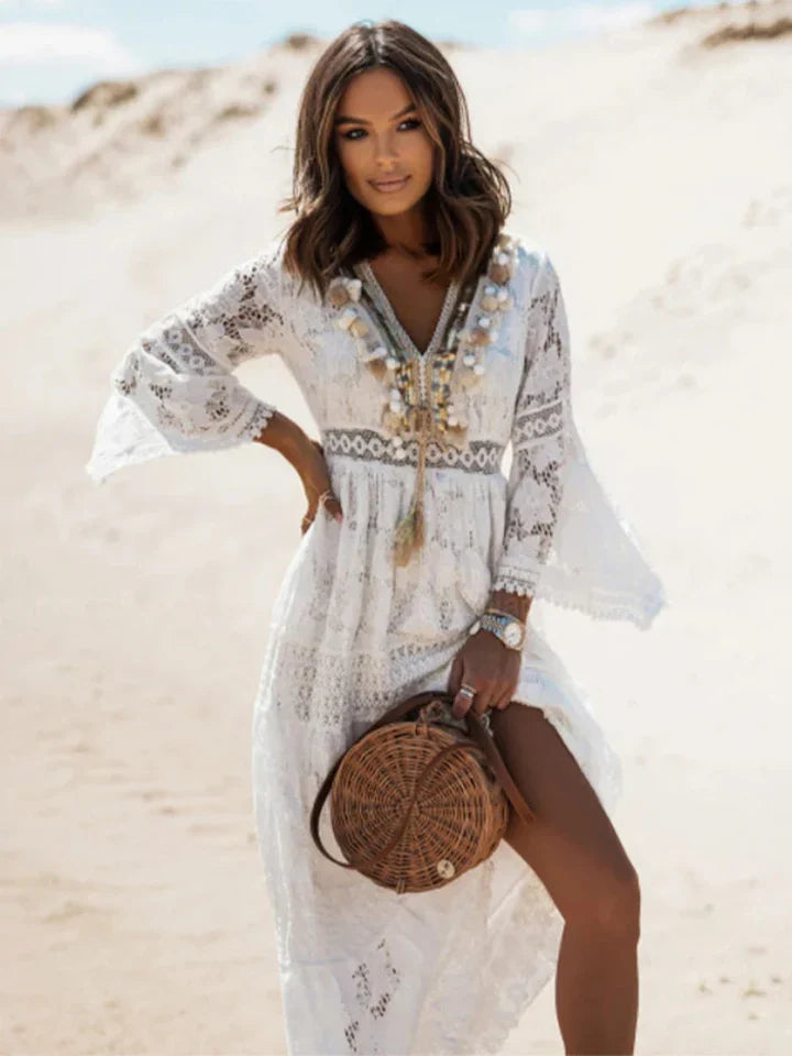 Bohemian Maxi Dress with Flared Sleeves