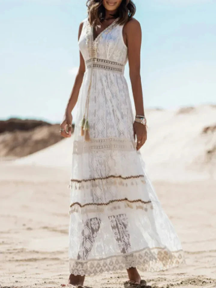 Bohemian Maxi Dress with Flared Sleeves