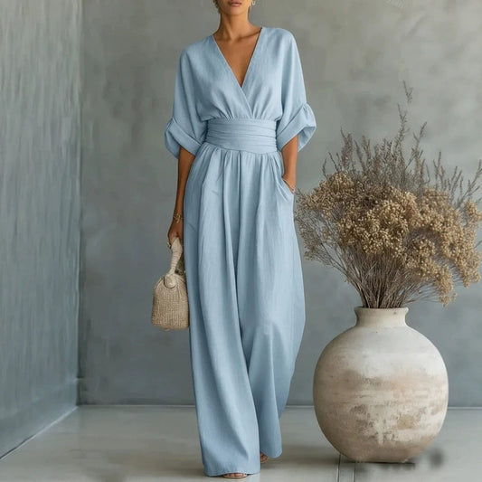 Casual Summer Short-Sleeve V-Neck Wide-Leg Jumpsuit