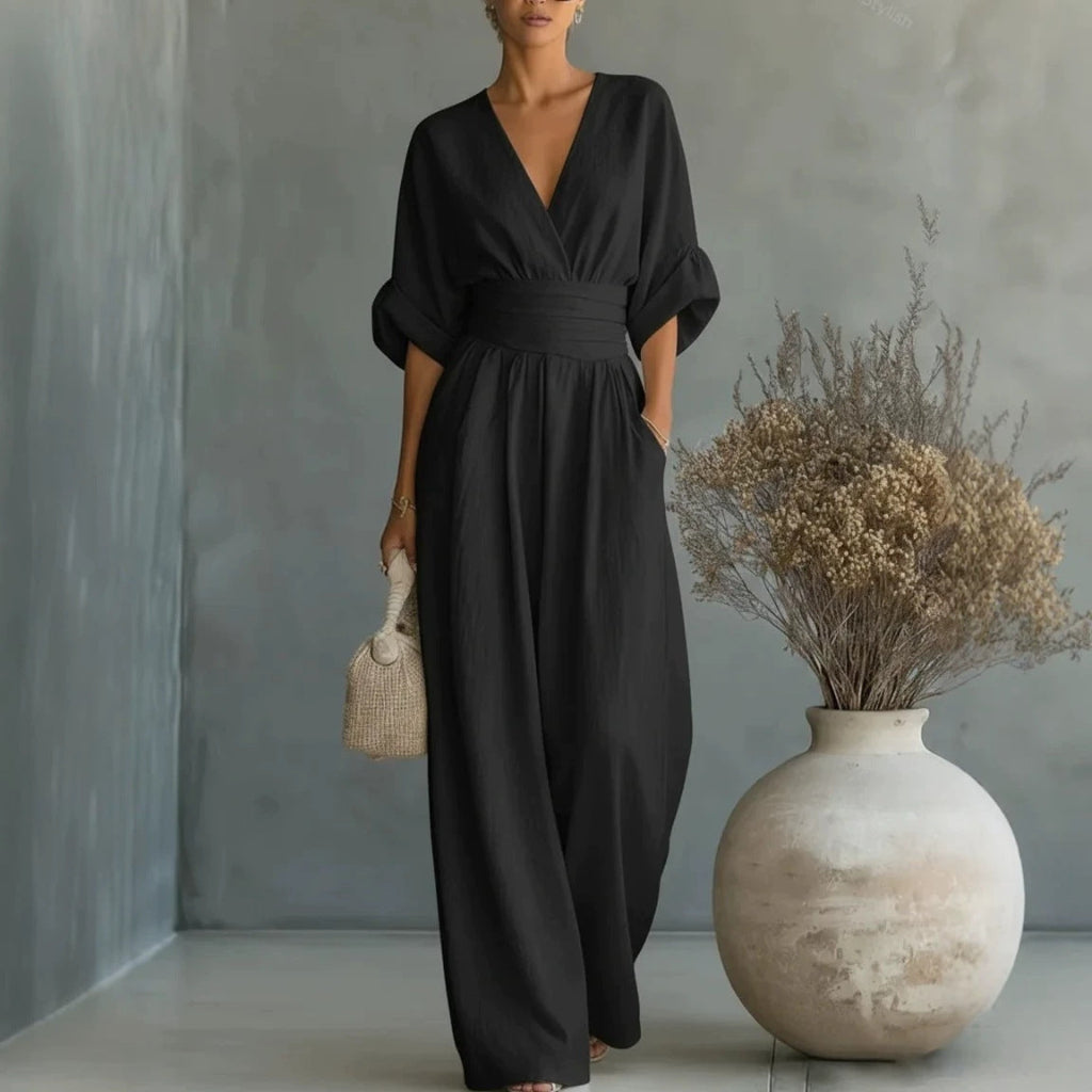 Casual Summer Short-Sleeve V-Neck Wide-Leg Jumpsuit