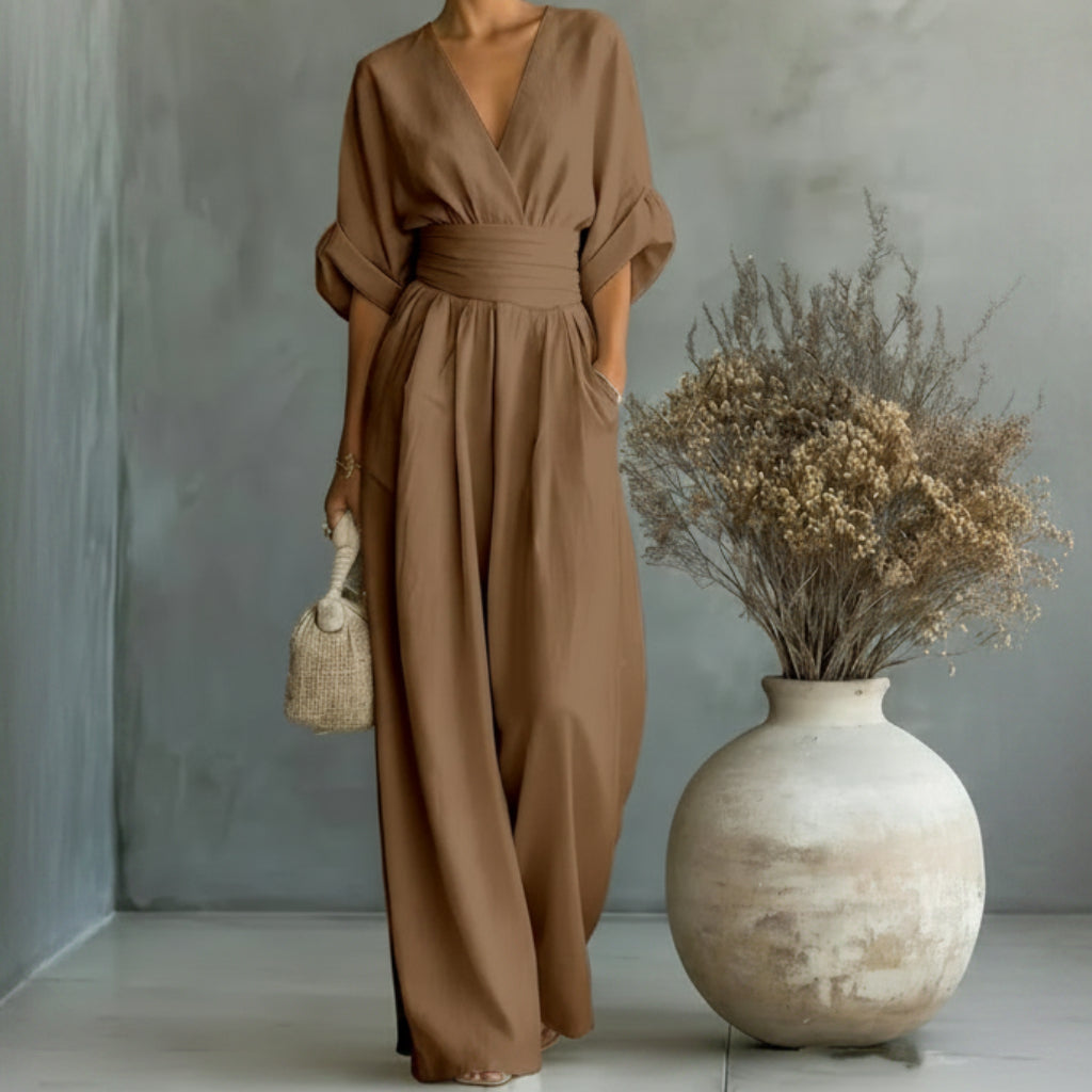 Casual Summer Short-Sleeve V-Neck Wide-Leg Jumpsuit