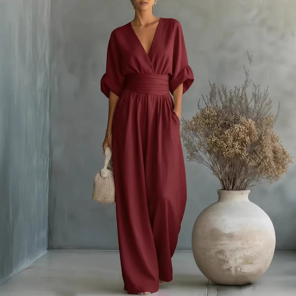 Casual Summer Short-Sleeve V-Neck Wide-Leg Jumpsuit
