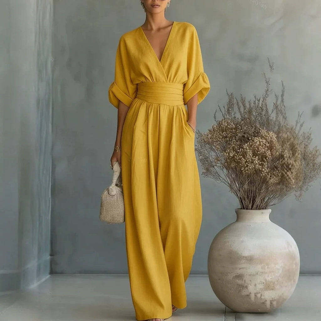 Casual Summer Short-Sleeve V-Neck Wide-Leg Jumpsuit