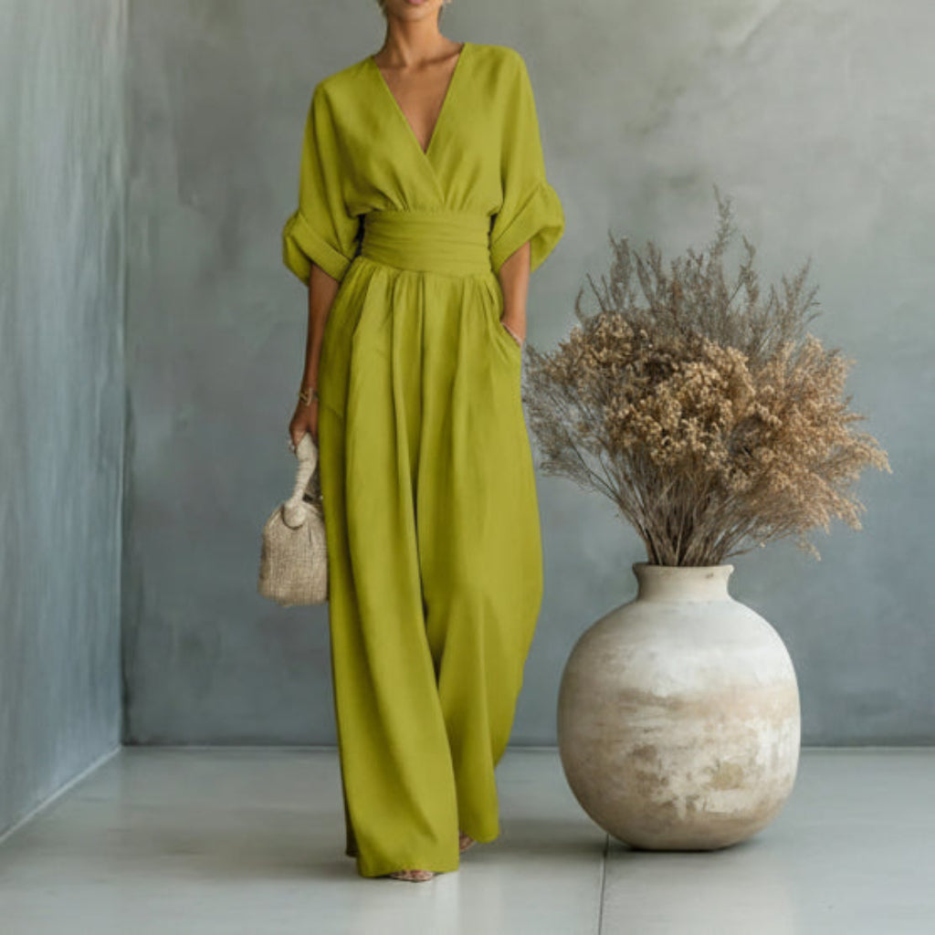 Casual Summer Short-Sleeve V-Neck Wide-Leg Jumpsuit