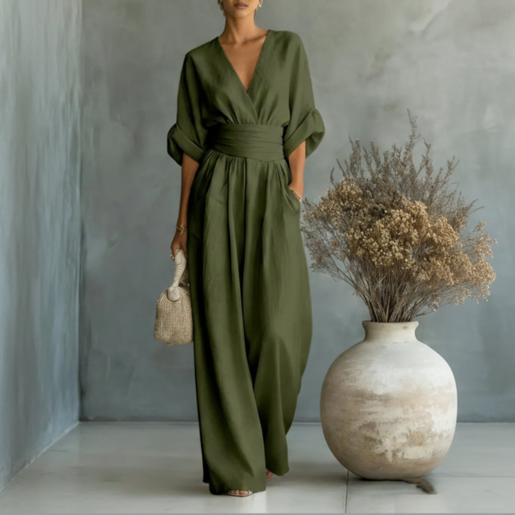 Casual Summer Short-Sleeve V-Neck Wide-Leg Jumpsuit