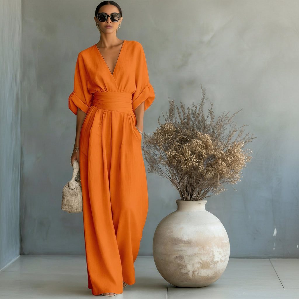 Casual Summer Short-Sleeve V-Neck Wide-Leg Jumpsuit