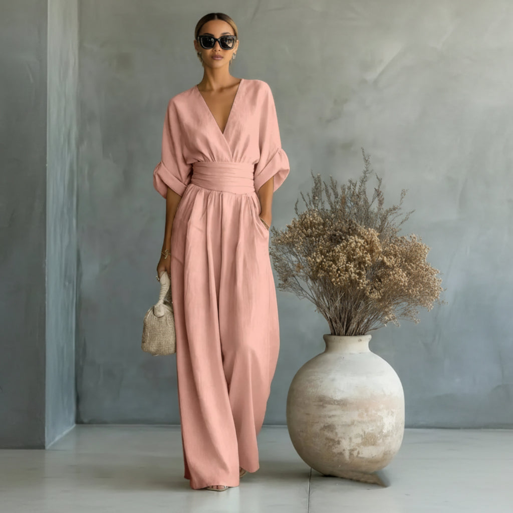 Casual Summer Short-Sleeve V-Neck Wide-Leg Jumpsuit