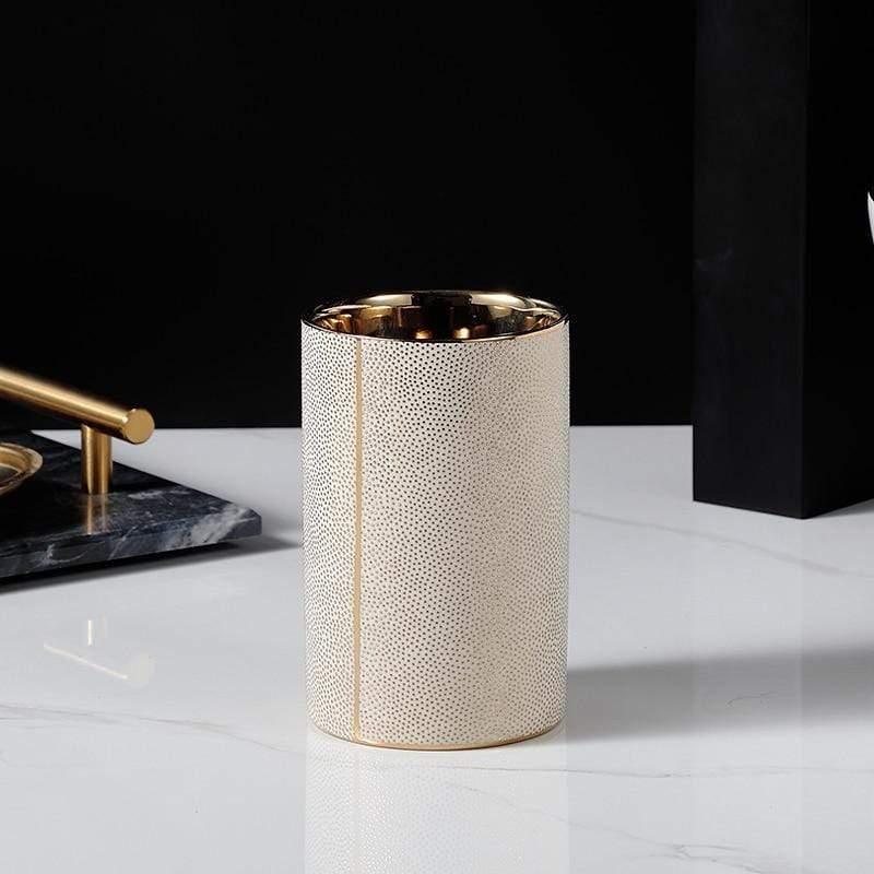 Ceramic Bathroom Accessory Set with Gold Accents