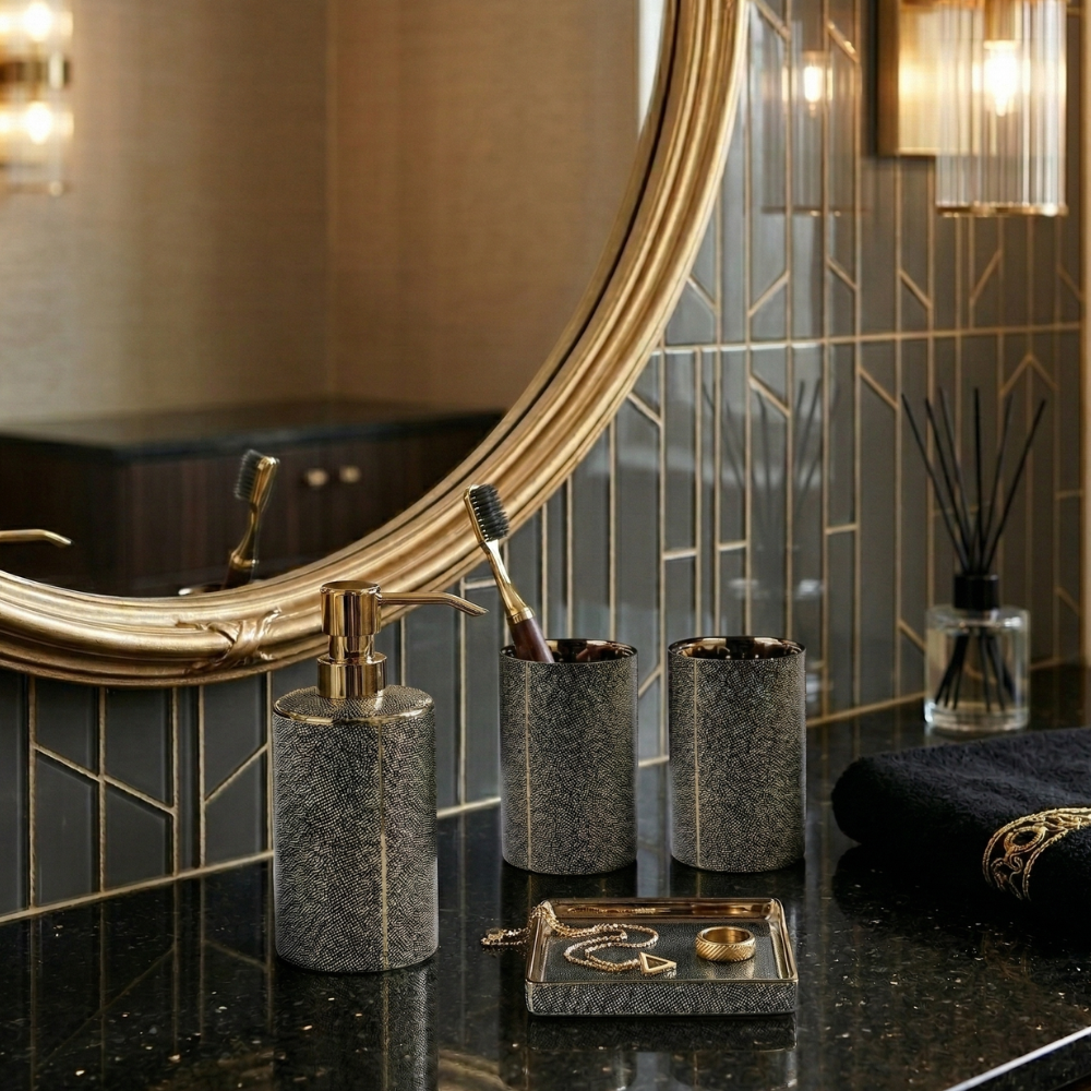 Ceramic Bathroom Accessory Set with Gold Accents