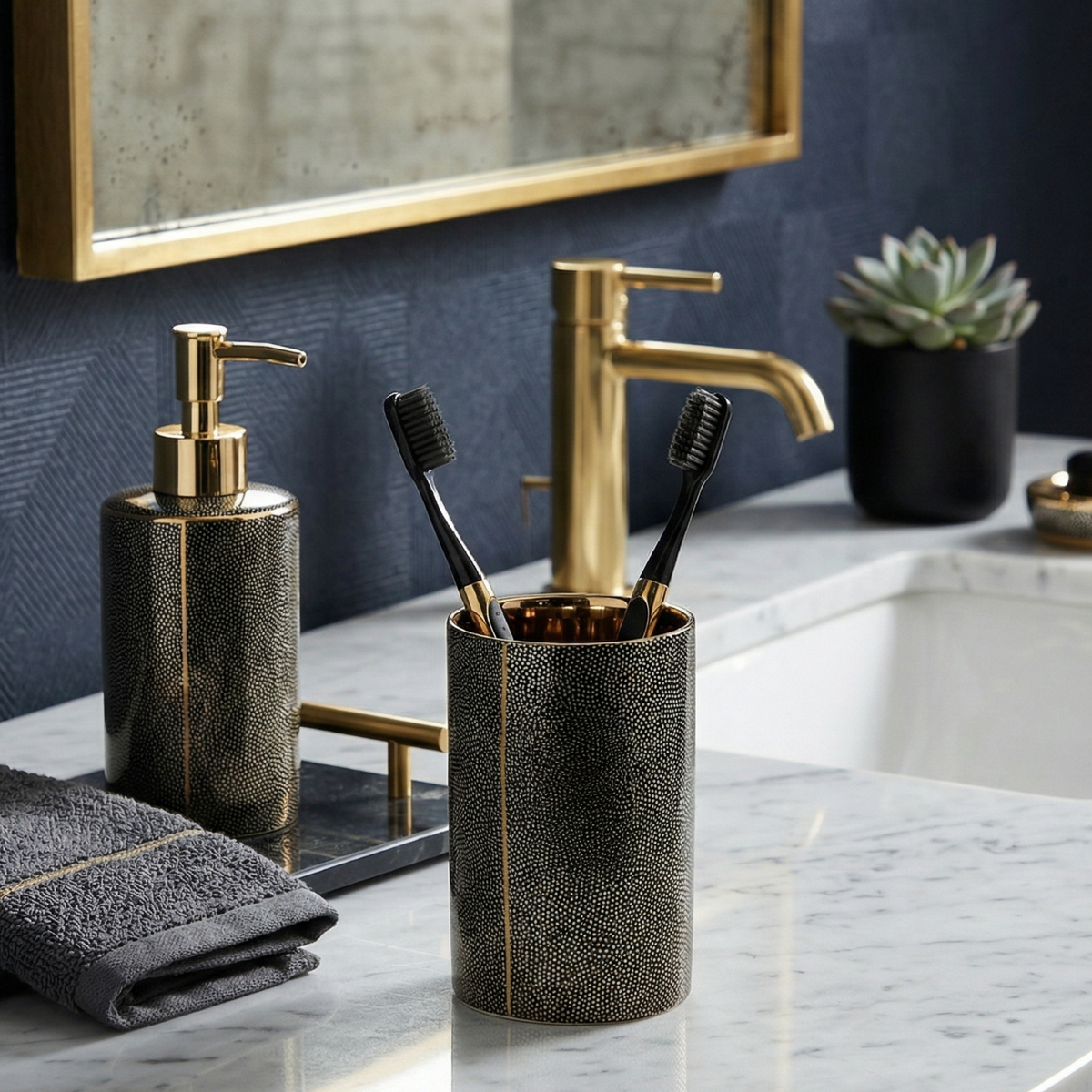 Ceramic Bathroom Accessory Set with Gold Accents