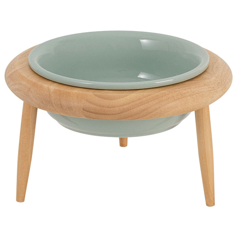 Ceramic Elevated Cat Bowl with Wooden Stand