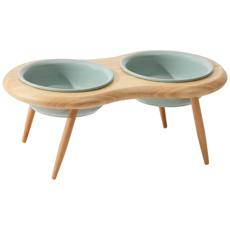 Ceramic Elevated Cat Bowl with Wooden Stand