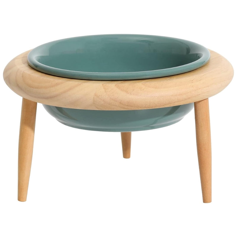 Ceramic Elevated Cat Bowl with Wooden Stand