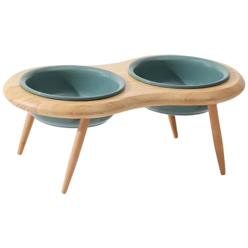 Ceramic Elevated Cat Bowl with Wooden Stand