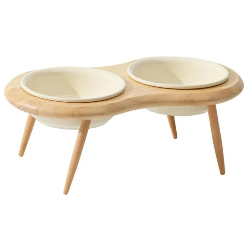 Ceramic Elevated Cat Bowl with Wooden Stand