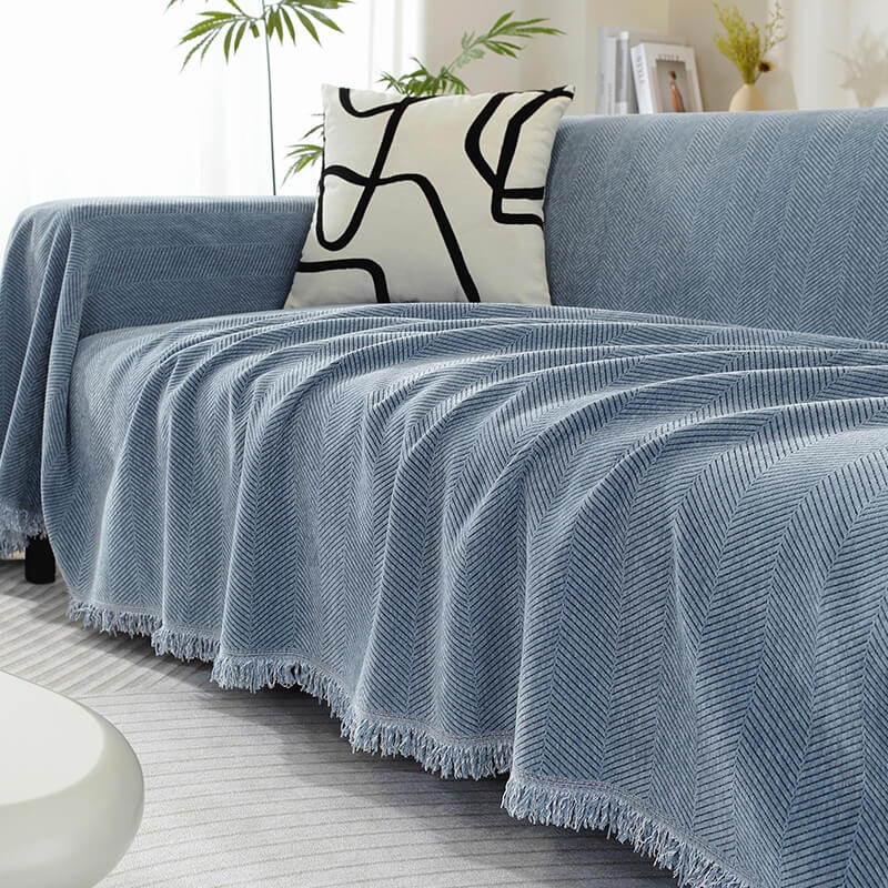 Chenille Herringbone Fringed Sofa Cover Throw Blanket - Cozy Style