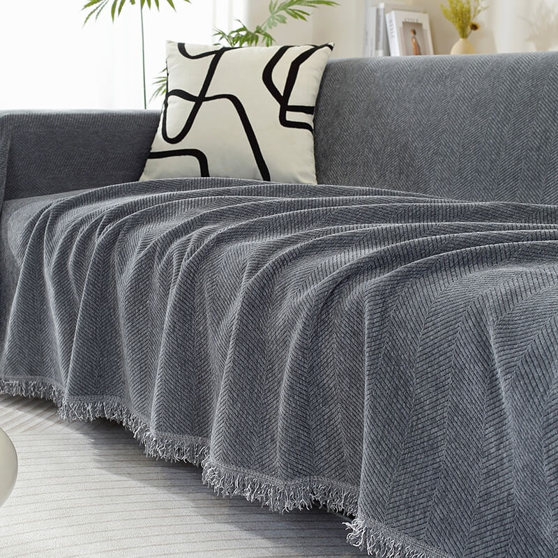Chenille Herringbone Fringed Sofa Cover Throw Blanket - Cozy Style