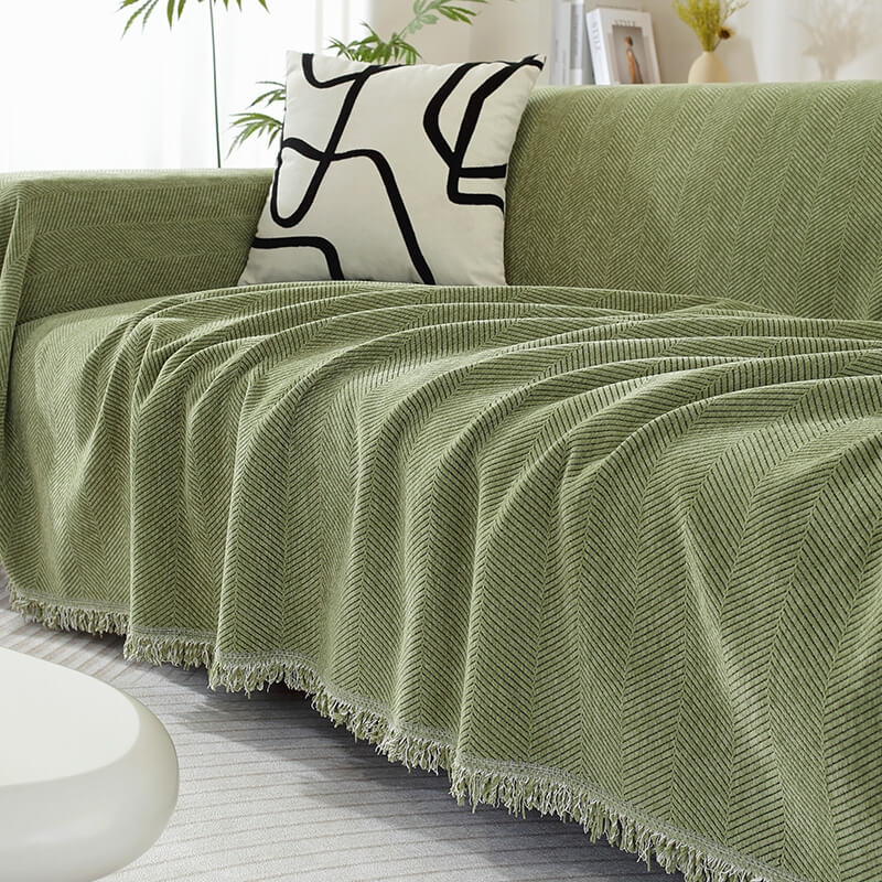Chenille Herringbone Fringed Sofa Cover Throw Blanket - Cozy Style
