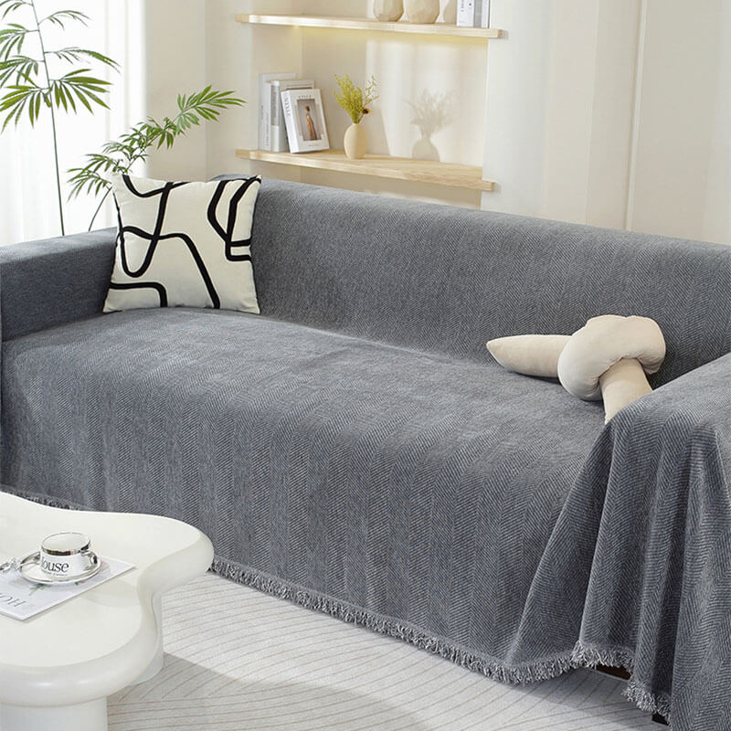 Chenille Herringbone Fringed Sofa Cover Throw Blanket - Cozy Style