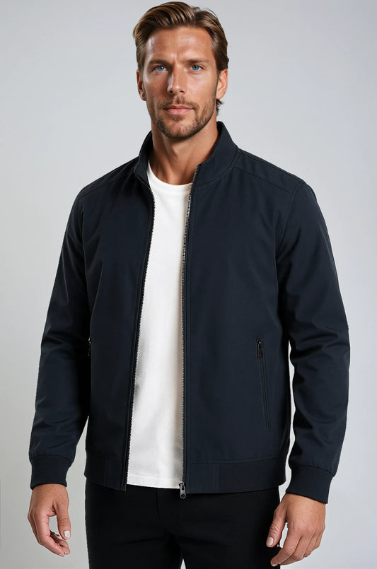Classic Men's Dark Blue Zip-Up Bomber Jacket – Lightweight Transitional Jacket with Pockets and Cuffs