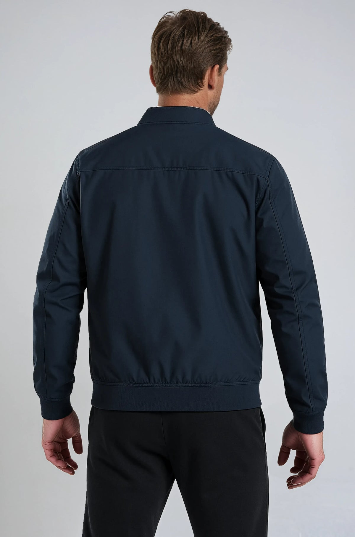Classic Men's Dark Blue Zip-Up Bomber Jacket – Lightweight Transitional Jacket with Pockets and Cuffs