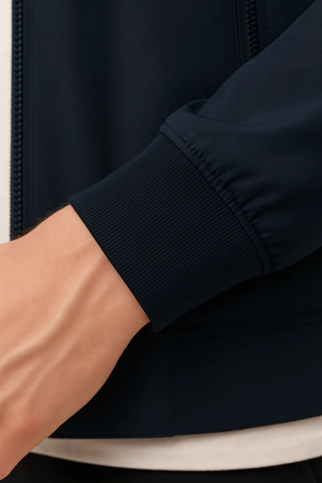 Classic Men's Dark Blue Zip-Up Bomber Jacket – Lightweight Transitional Jacket with Pockets and Cuffs