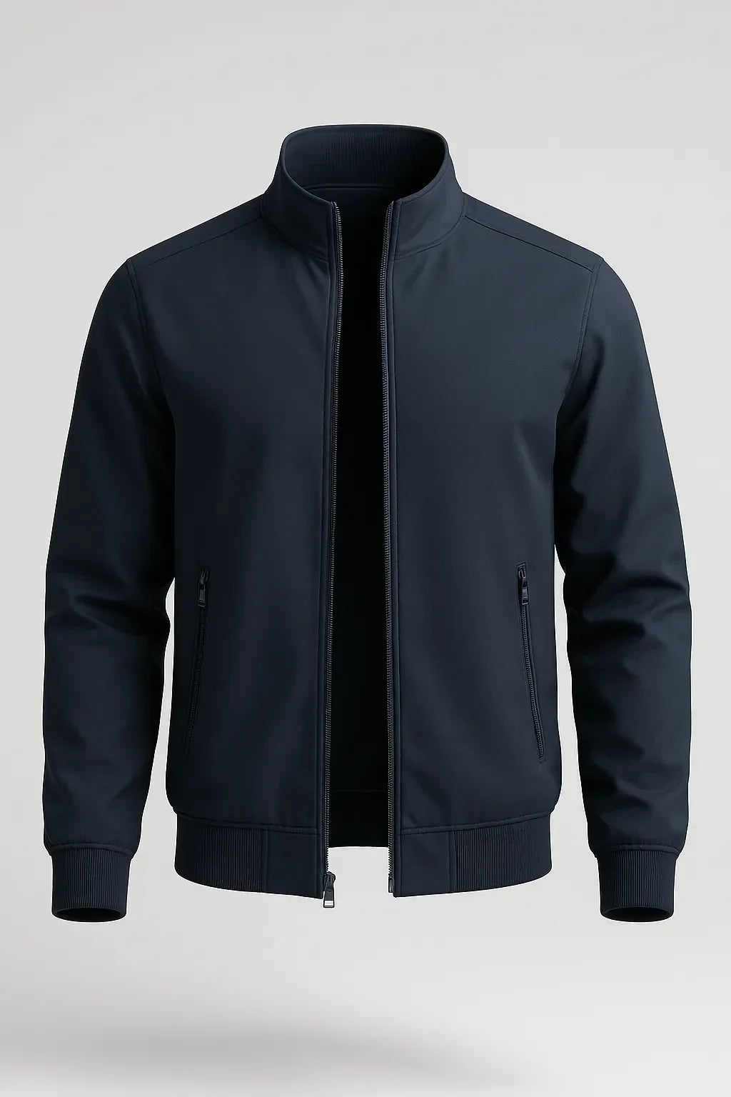 Classic Men's Dark Blue Zip-Up Bomber Jacket – Lightweight Transitional Jacket with Pockets and Cuffs