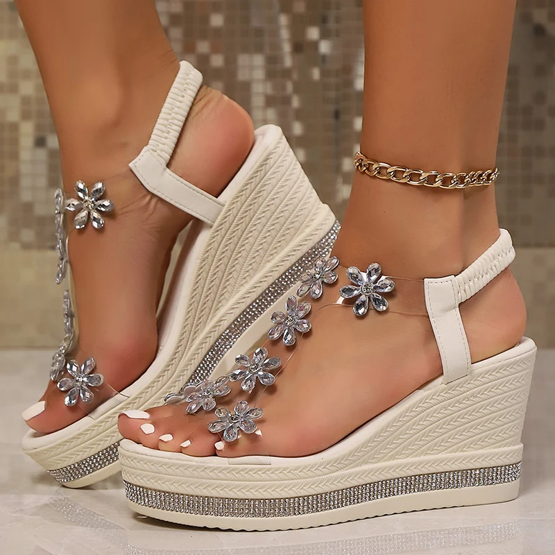 Comfortable Sparkling Crystal Floral Wedge Sandals