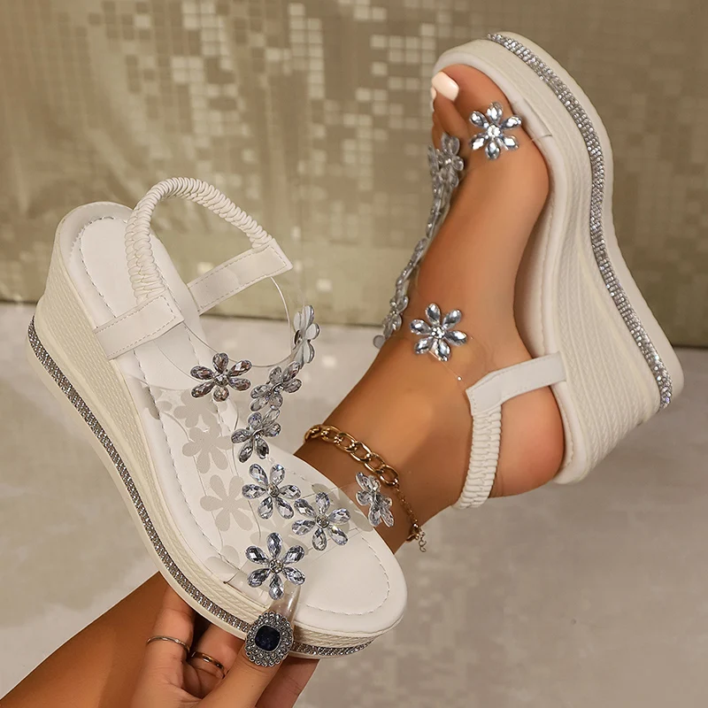 Comfortable Sparkling Crystal Floral Wedge Sandals