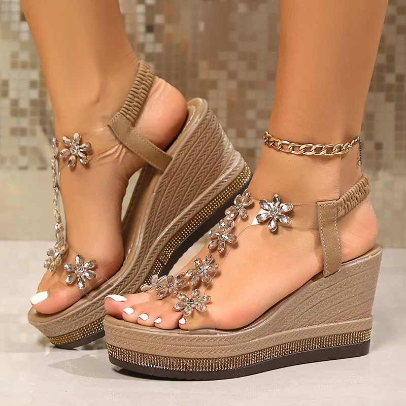 Comfortable Sparkling Crystal Floral Wedge Sandals