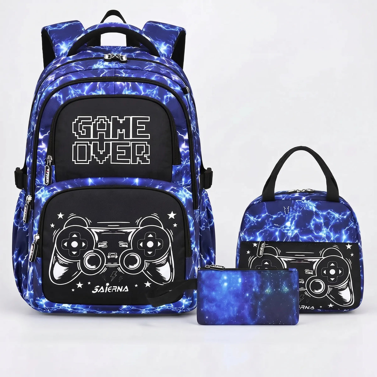 Complete Three-Piece Backpack Set with Gaming Print