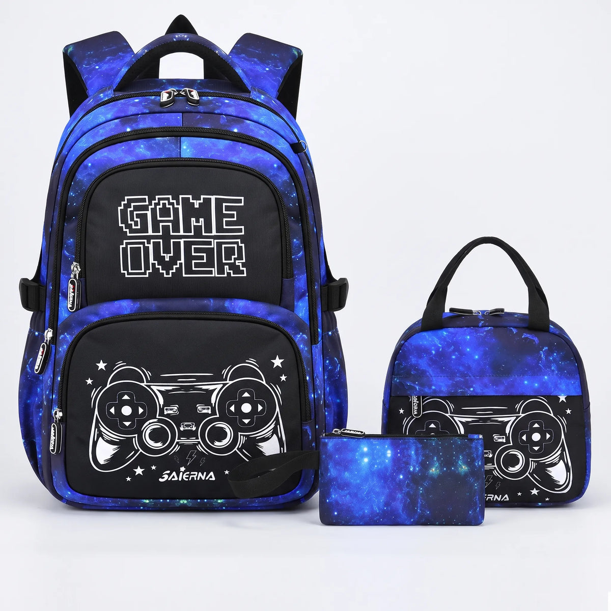 Complete Three-Piece Backpack Set with Gaming Print