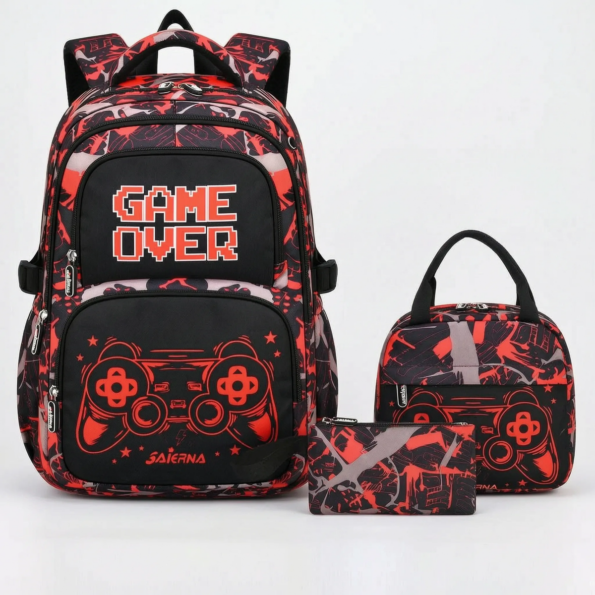 Complete Three-Piece Backpack Set with Gaming Print