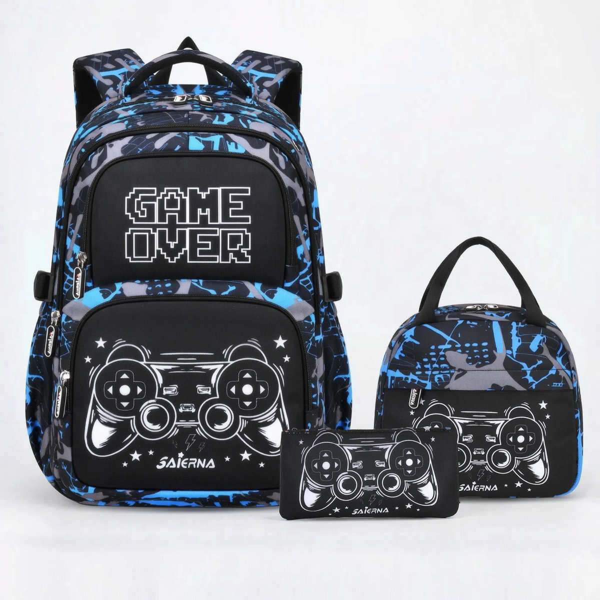 Complete Three-Piece Backpack Set with Gaming Print