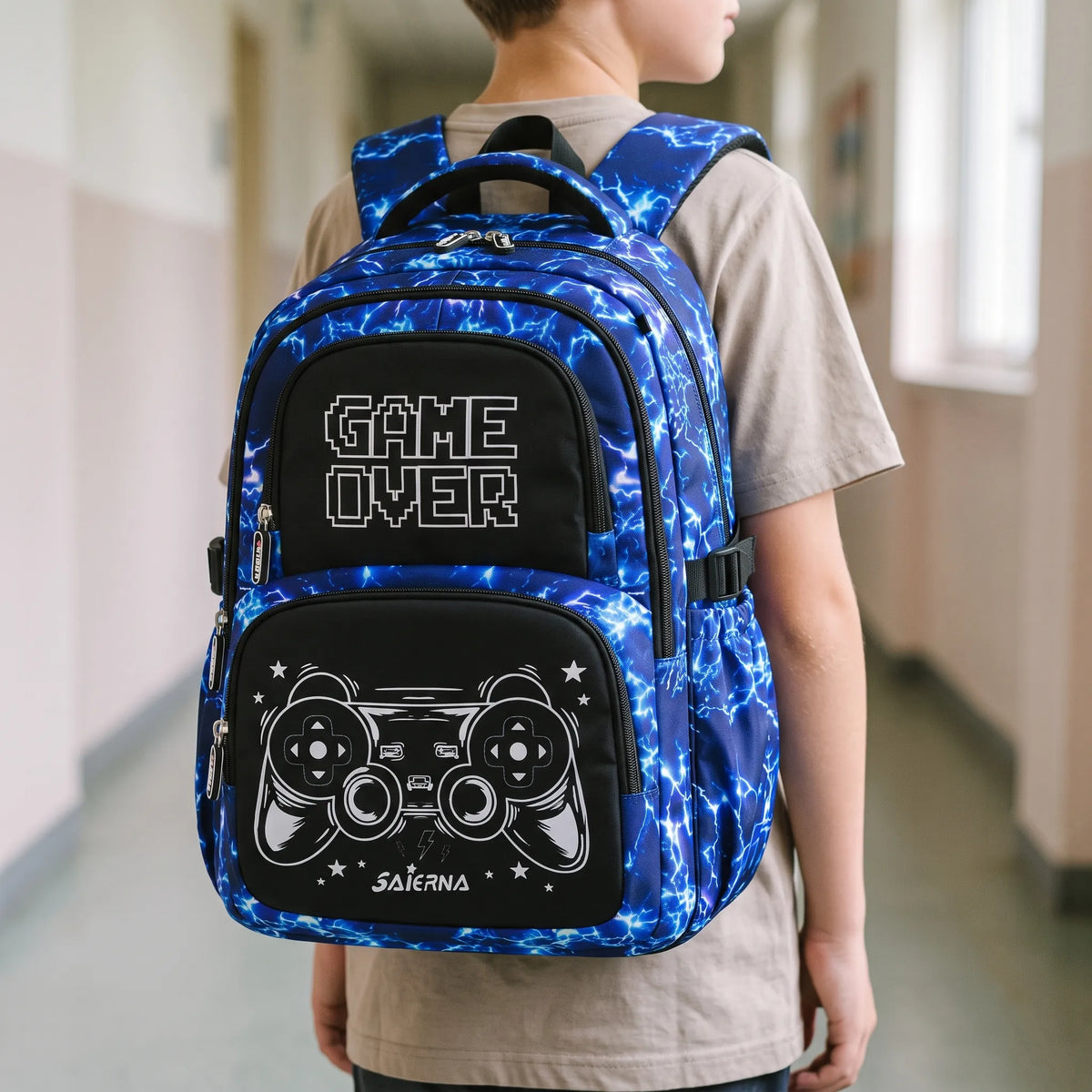 Complete Three-Piece Backpack Set with Gaming Print