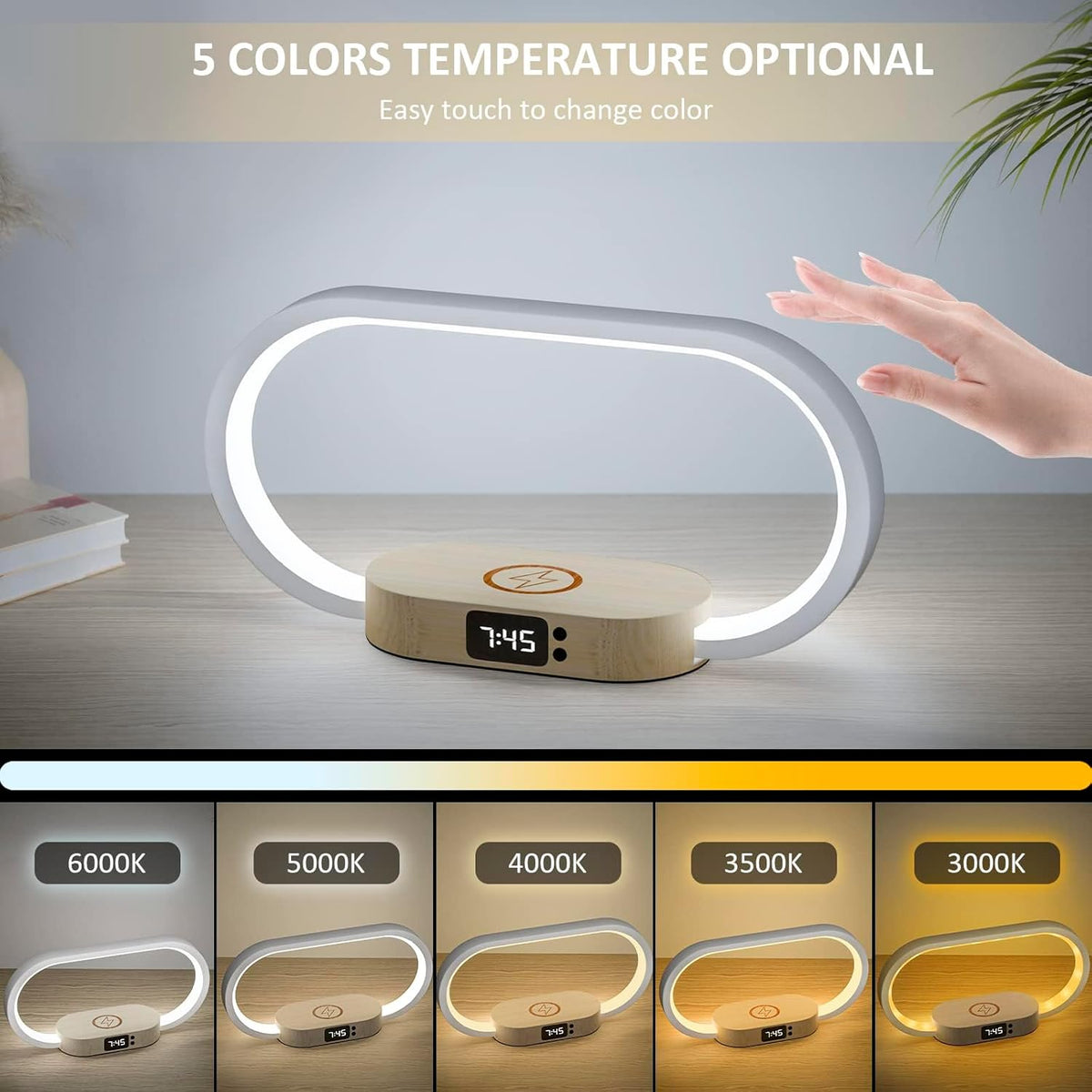 Corded Lamp with Wireless Charging and Clock