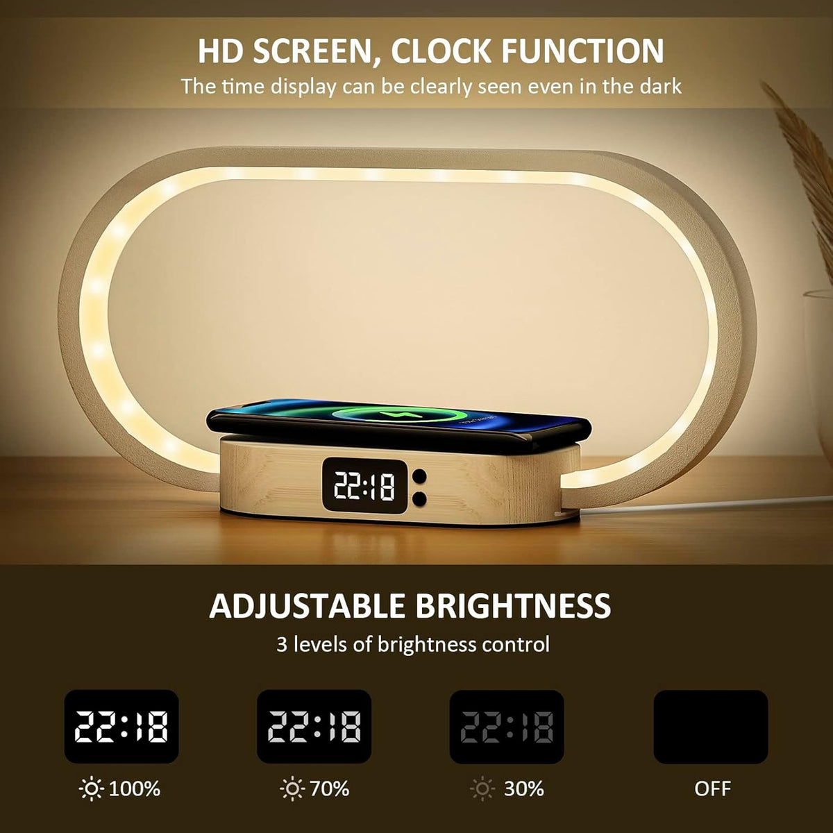 Corded Lamp with Wireless Charging and Clock