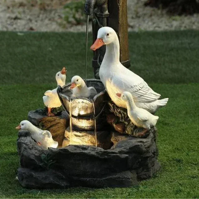 Decorative Solar Duck & Squirrel Water Fountain with LED Light | Weatherproof Resin Garden Statue for Terrace & Balcony