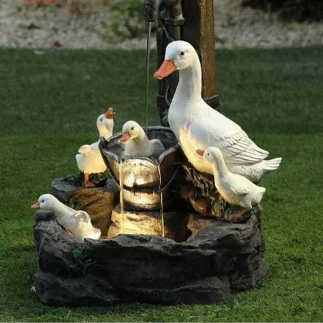 Decorative Solar Duck & Squirrel Water Fountain with LED Light | Weatherproof Resin Garden Statue for Terrace & Balcony